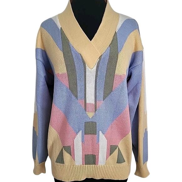 🎨 VTG IZOD Club 80s Pop Art Sweater – Women’s Large –Blue, Pink & Yellow V-Neck - Picture 2 of 7